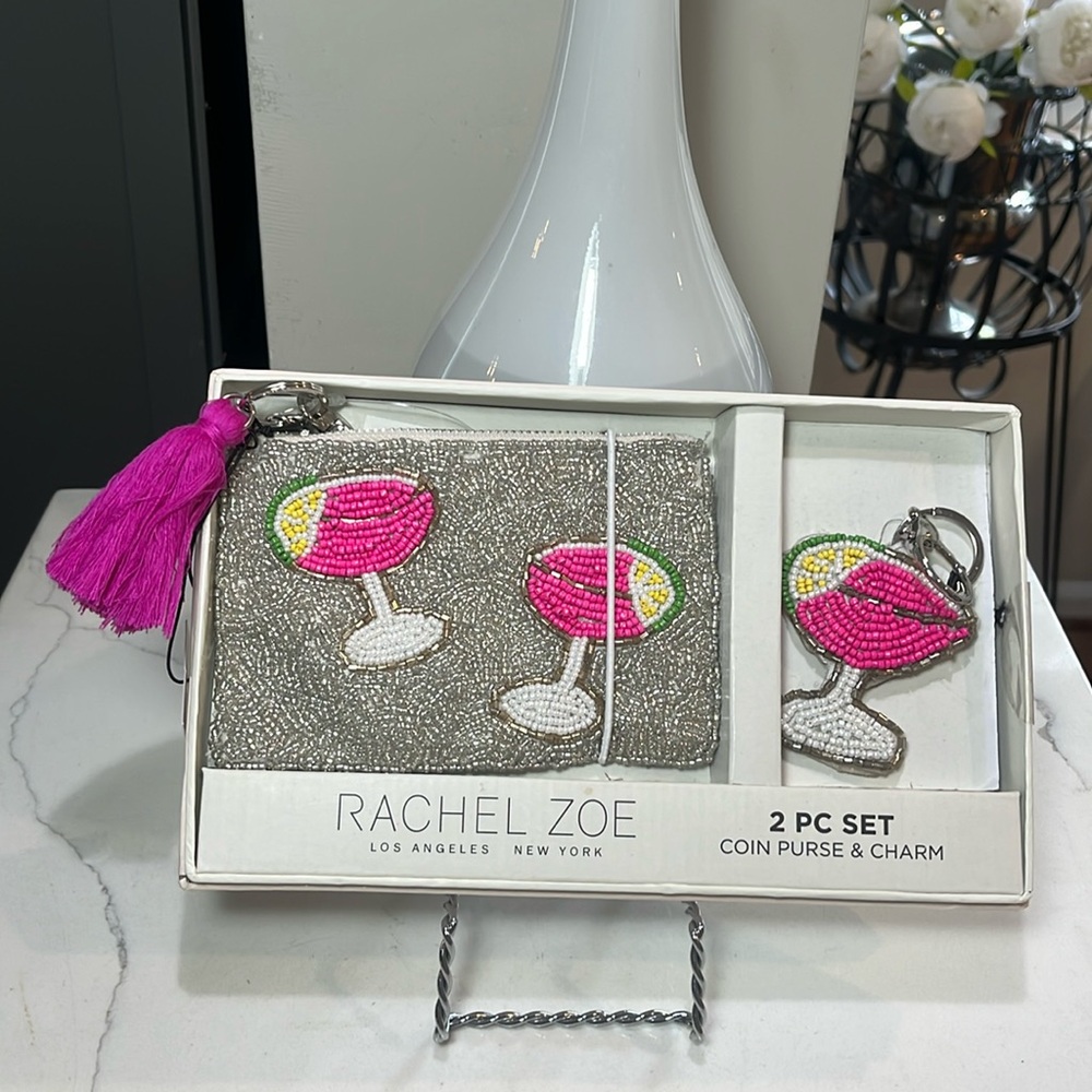 Rachel Zoe Beaded Pink Margarita Coin Purse and Bag Charm Set